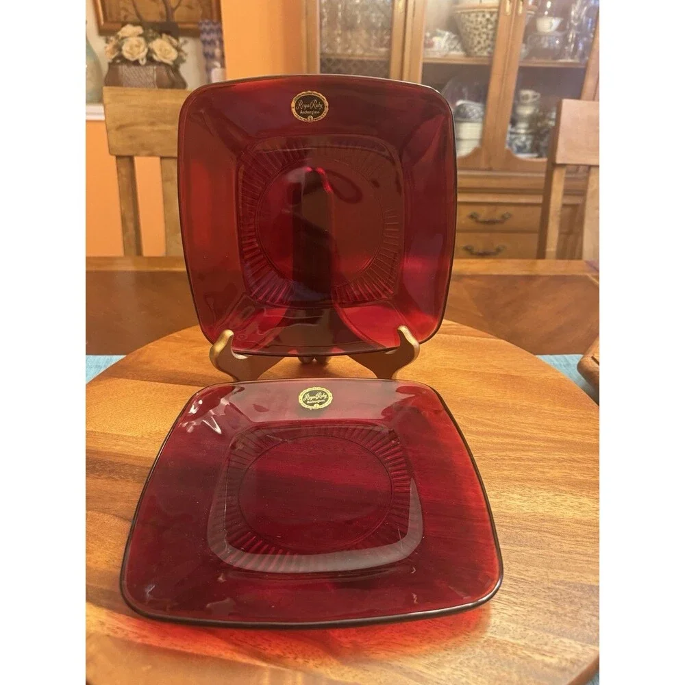 SET OF 2 ANCHOR HOCKING GLASS CHARM RUBY RED SQUARE LUNCHEON PLATES